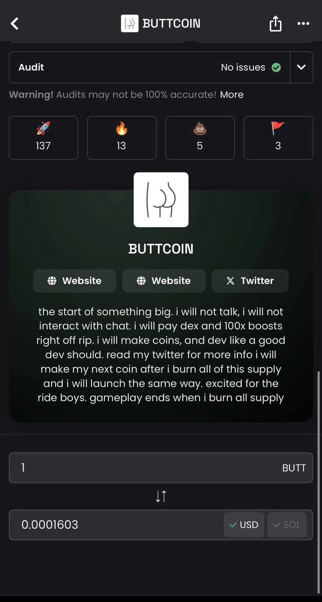 On  Dexscreener Buttcoin has two same websites that are linked to pump.fun. Just wanted to give a heads up on this issue. @thankmel8rpimp