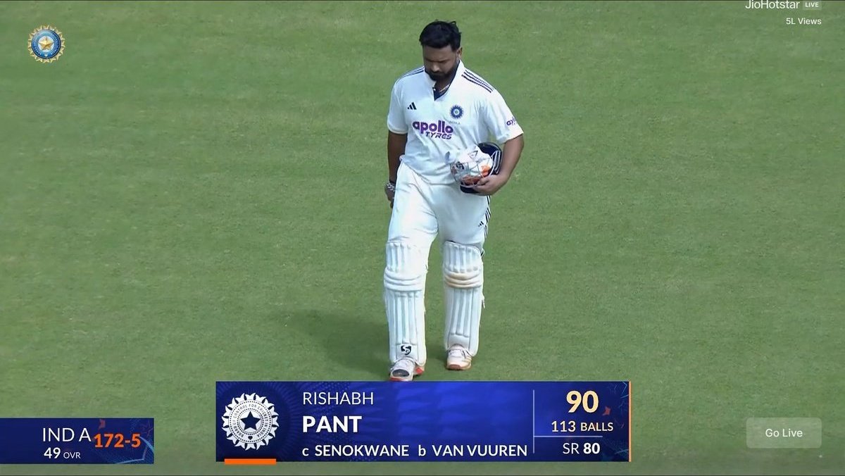 Captain Rishabh Pant scored 90 (113) for India A Vs South Africa A while chasing 275.