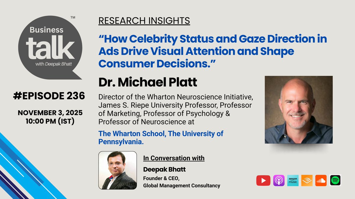 Honored to host Dr. Michael Platt, James S. Riepe University Professor of Psychology at UPenn &amp; Director of <a href="/Wharton/">The Wharton School</a> Neuroscience Initiative. Hear insights from his research: "How Celebrity Status &amp; Gaze Direction in Ads Drive Visual Attention and Shape Consumer Decisions.”