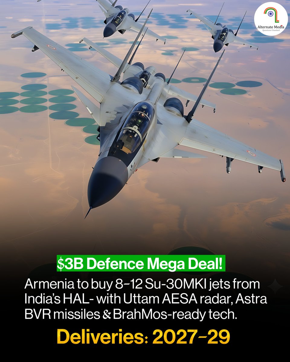 AlternateMediaX's tweet image. 🚨 $3B Defence Mega Deal! 🇮🇳🤝🇦🇲

Armenia to buy 8–12 Su-30MKI jets from India’s HAL- with Uttam AESA radar, Astra BVR missiles &amp;amp; BrahMos-ready tech.

Deliveries: 2027–29 ✈
India’s BIGGEST fighter export ever! 💪

#IndiaArmenia #Su30MKI #DefenceDeal #Geopolitics