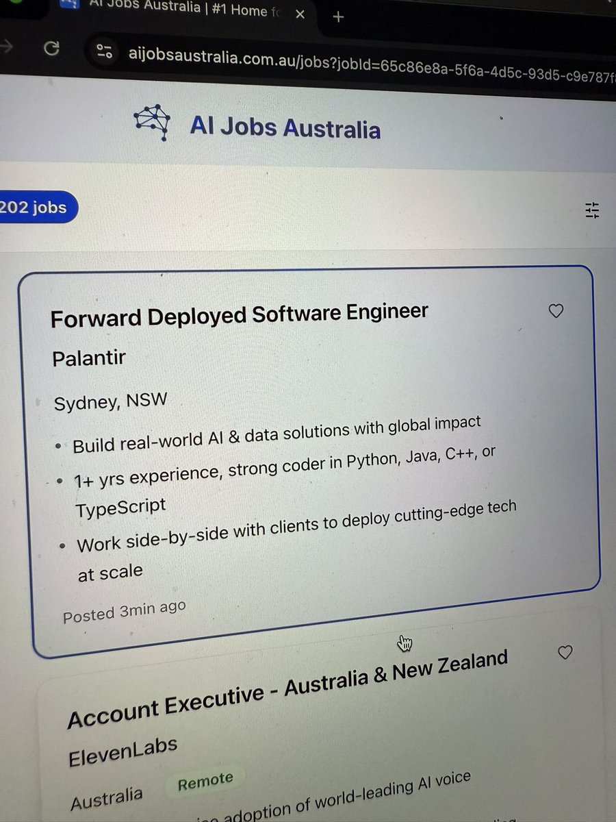 aijobsaustralia's tweet image. Palantir is hiring Forward Deployed Software Engineers — working in small teams on projects that span national security, medical research, and humanitarian logistics.

If you know Python, Java, or C++, this is a rare opportunity.

More roles at @aijobsaustralia!