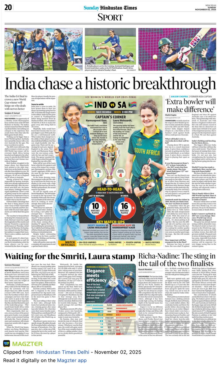 The wait ends here. India vs South Africa for #CWC25 glory — captains, stars, storylines and the chase for a historic breakthrough. All on the <a href="/htTweets/">Hindustan Times</a> Sunday sport front 🏏🔥 

hindustantimes.com/cricket/world-…