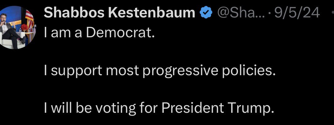 <a href="/ShabbosK/">Shabbos Kestenbaum</a> if youre a progressive democrat, and the only reason you support trump is bc he will get on his knees for your foreign home country of israel, YOU are not MAGA. the A stands for america, shabbos.
