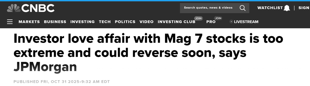 يـحـذر بـنـك $JPM  مــن حـالـة الـعشـق الـمفرطـة لأسـهـم السبعة الكبار Mega 7 حـيث أصبحت الحالة مبالغا فيها وقـــد تـنقلب إلــى الاتـجـاه الـمعاكس  #السوق_الامريكي 

$AAPL  $TSLA  $GOOG  $AMZN  $NVDA  $META $MSFT  $XLK  $MAGS  $ARKK