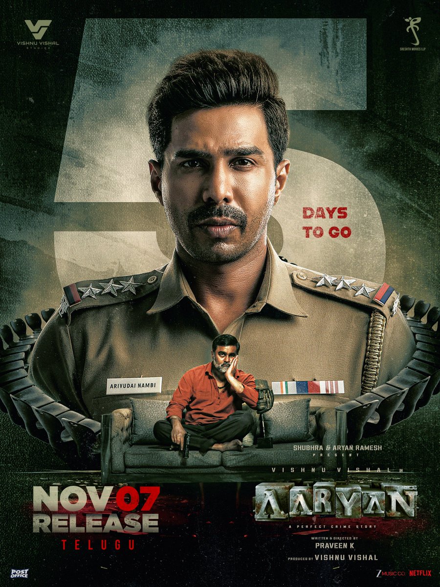 Gear up for a Rollercoaster of Twists, Turns &amp; Revelations 💥 
5 DAYS to go for the gripping crime thriller #AARYAN 🔥

#AARYANTELUGU - Grand Release on Nov 7th ✨

<a href="/TheVishnuVishal/">VISHNU VISHAL - VV</a> <a href="/VVStudioz/">Vishnu Vishal Studioz</a> <a href="/adamworx/">Praveen K</a> <a href="/selvaraghavan/">selvaraghavan</a> <a href="/ShraddhaSrinath/">Shraddha Srinath</a> <a href="/Maanasa_chou/">Cherukuri Maanasa choudhary</a> <a href="/GhibranVaibodha/">Ghibran Vaibodha</a> <a href="/dop_harish/">Harish Kannan</a>