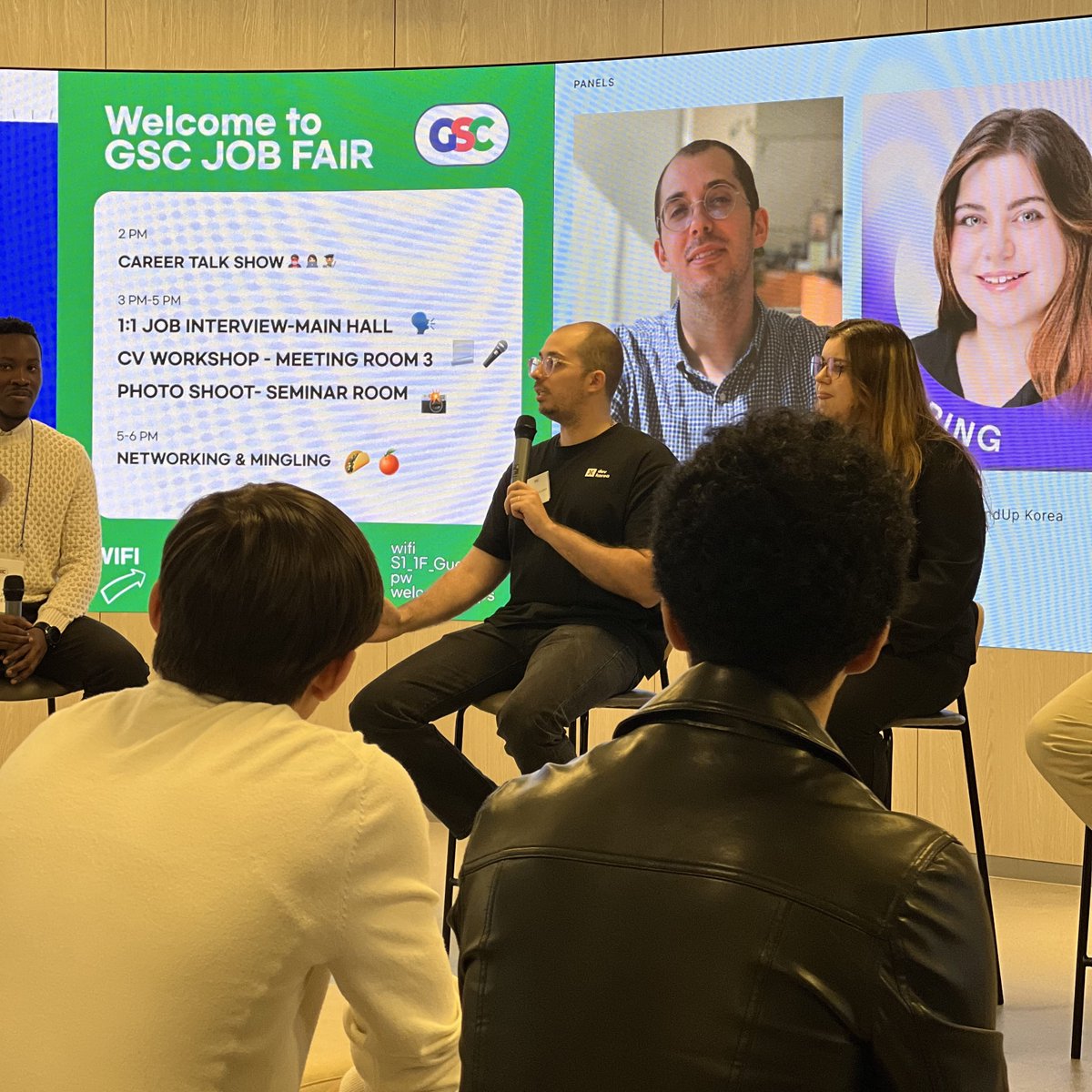 I joined the GSC Job Fair last Friday for a talk with Casimir, Kizzy, &amp; Vladi.  

It wasn’t only about startups as we talked about how to get your first job and build a career in Korea.  

Great meeting so many curious and motivated people.  

#devkorea #gsc #job #jobfair #career