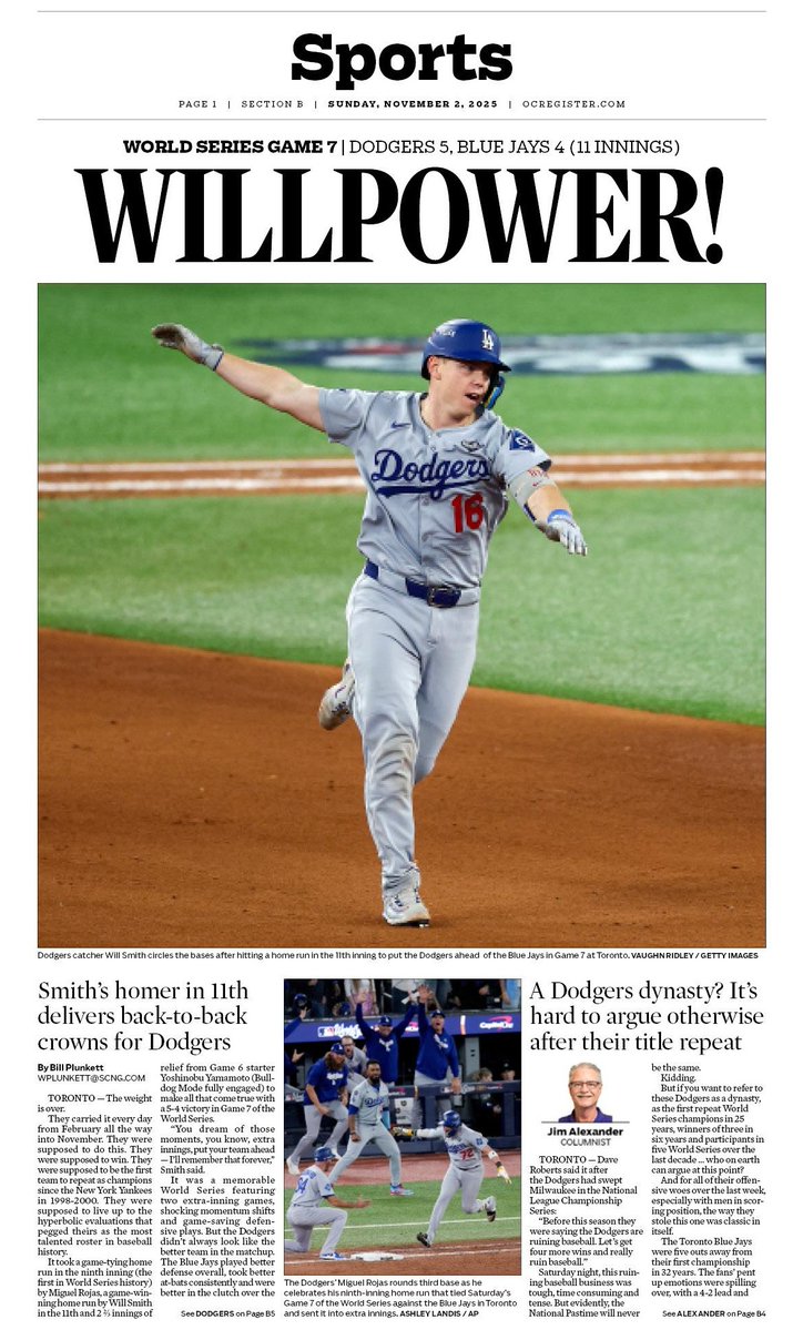 tfmoore's tweet image. The #Dodgers didn&apos;t ruin baseball after all. Here&apos;s the cover of the @ocregister Sports section for Sunday morning. Great work from writers, editors, designers and photographers throughout an all-time #WorldSeries
