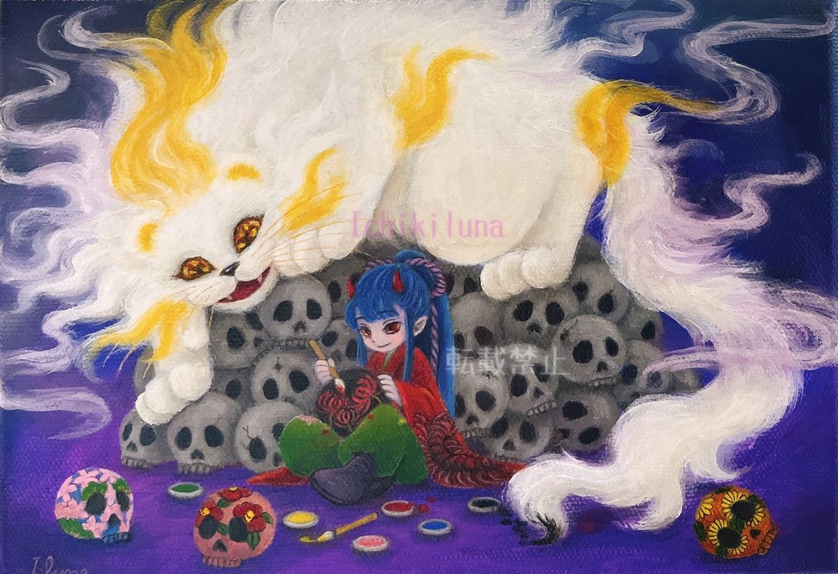 ichiki_luna735's tweet image. 死者の日の絵付け💀🎨

#art #illustration #yokai #妖怪 #油絵 
#死者の日