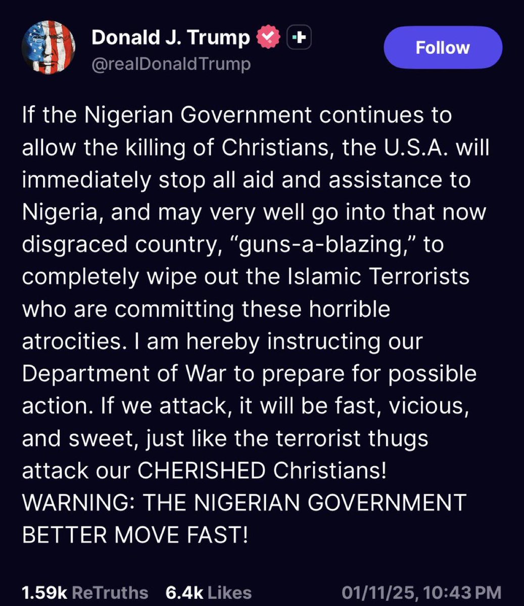 Dear President <a href="/realDonaldTrump/">Donald J. Trump</a> <a href="/POTUS/">President Donald J. Trump</a>,

Nigeria has become a hotbed of terrorism in West Africa, serving as a fallback base for extremist groups across the region.

I wish to personally thank you for listening to the daily cries from those of us following the humanitarian crisis