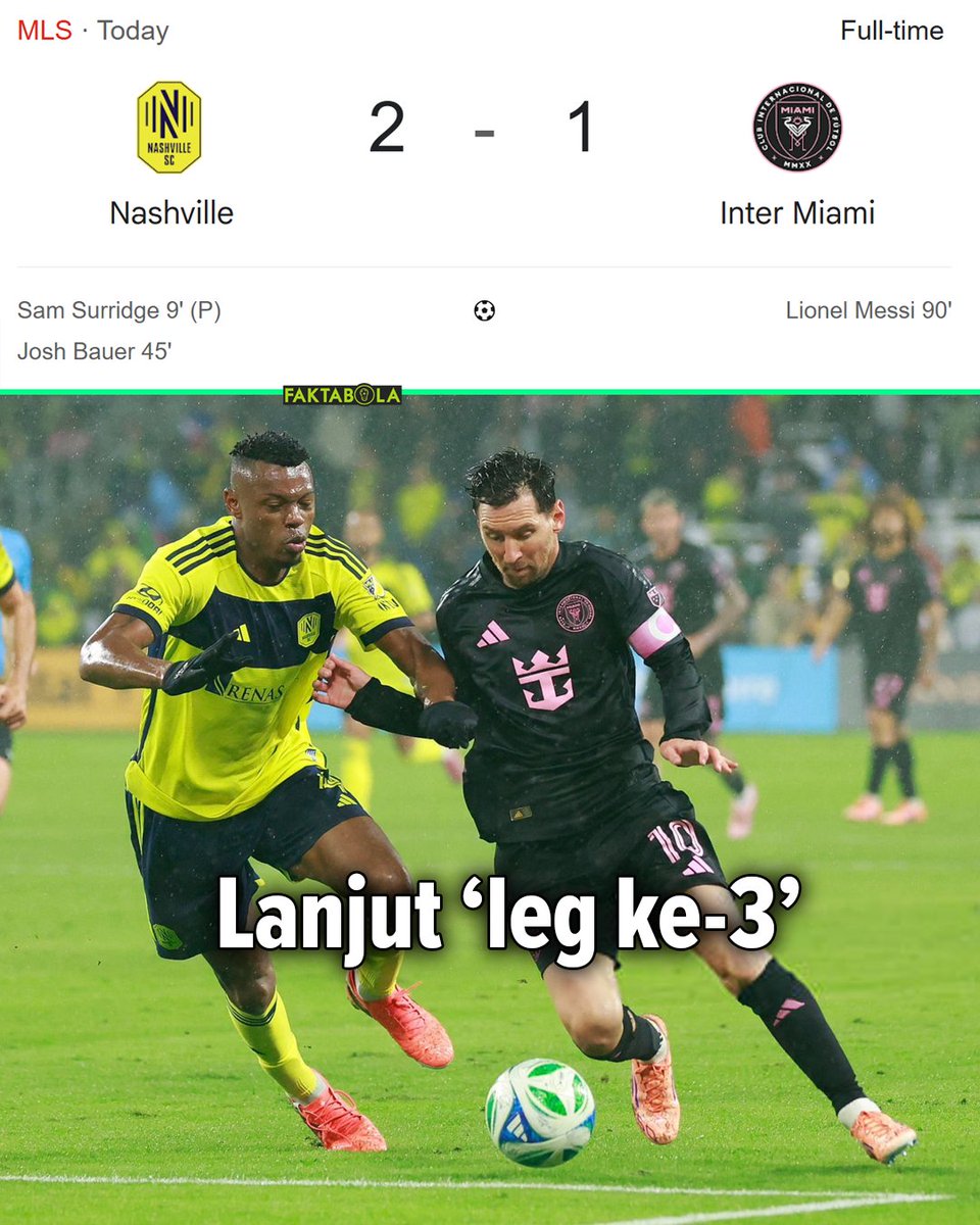 FaktaSepakbola's tweet photo. Harus lanjut "leg ke-3".  Hari ini Inter Miami takluk 2-1 dari Nashville di MLS Cup Playoff fase Round One (16 besar), yang mana memakai sistem best of 3 (bo3). Mirip seperti bulu tangkis.

Game pertama: Inter Miami 3-1 Nashville
Game kedua: Nashville 2-1 Inter Miami 

Nashville 1x menang, Inter Miami 1x menang.

Sesuai peraturan, perlu ada game ketiga, untuk menentukan siapa yang berhak lolos ke 8 besar MLS Cup.

Game ketiga berlangsung 8 November nanti.

Situasi mirip juga dialami beberapa laga musim ini:
Charlotte vs New York City FC.
San Diego vs Portland Timbers.

Sebenarnya Inter Miami bisa menang agregat, tapi mau tidak mau harus lanjut game ketiga. Karena memang seperti itu peraturan yang sudah disepakati.