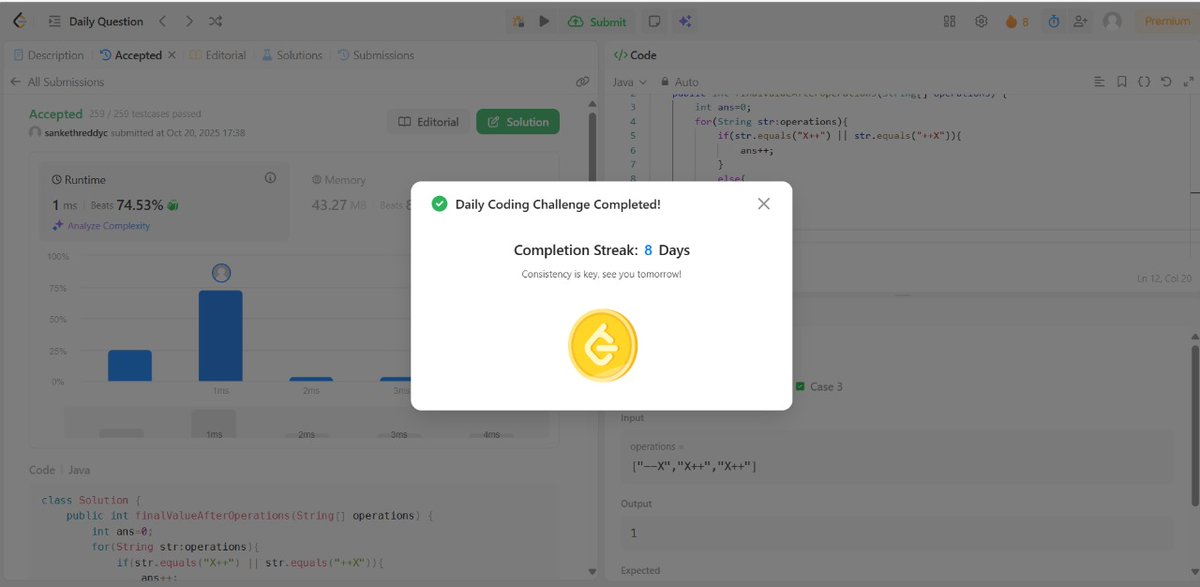 Sanketh_Reddy_C's tweet image. 🏅 8-day streak on LeetCode!
Daily coding challenges completed, and consistency is showing results.
Let’s keep pushing forward—one problem at a time!
#LeetCode #CodingStreak #Consistency #100DaysOfCode