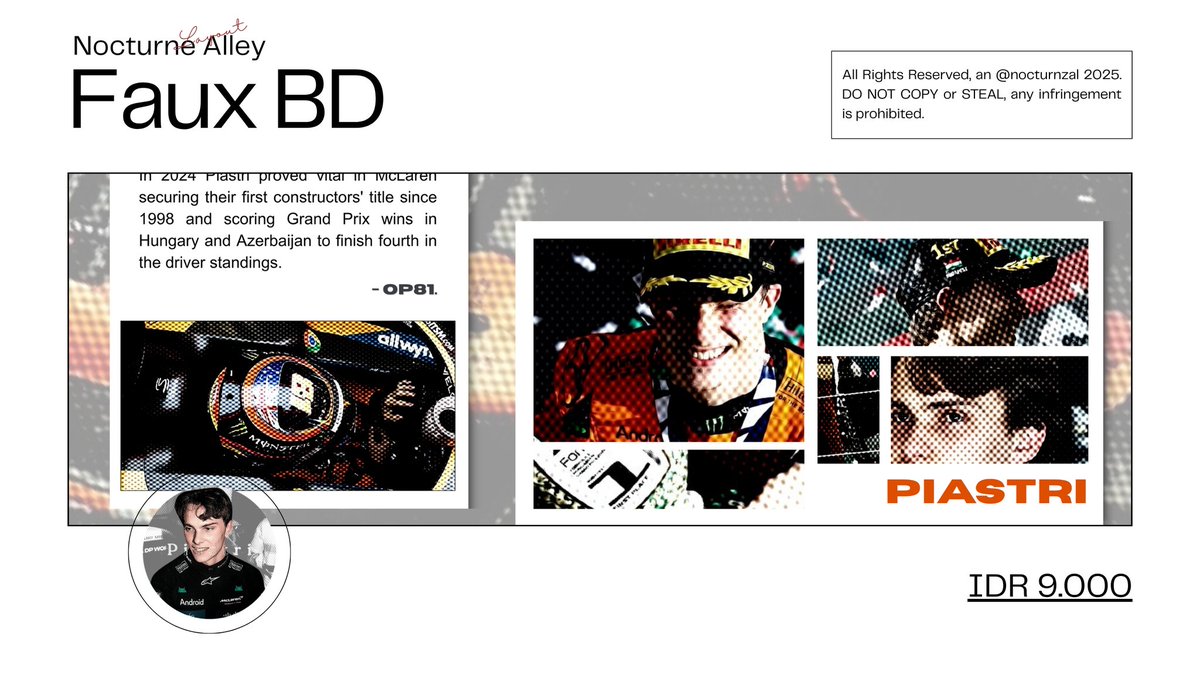 RT &amp; Repost is appreciated!

Bonjour! Aku bawa 2 layout F1 themed ft. oscar piastri as the muse; get both jpg &amp; png ava for only 9k &amp; 10k, ready to claim via DM <3

QRIS only

#zonauang #zonaba #zonajajan