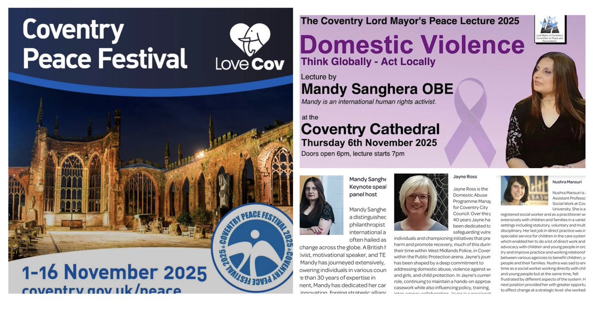 I am please to accounce  that i will be delivering Rachel Lancaster  Lord Mayor’s Peace Lecture at <a href="/CovCathedral/">Coventry Cathedral</a> on 6th Nov during  Coventry’s Peace Festival 2025,  the Festival is promoting the city’s ongoing work of peace, tolerance and friendship. The city is well known around