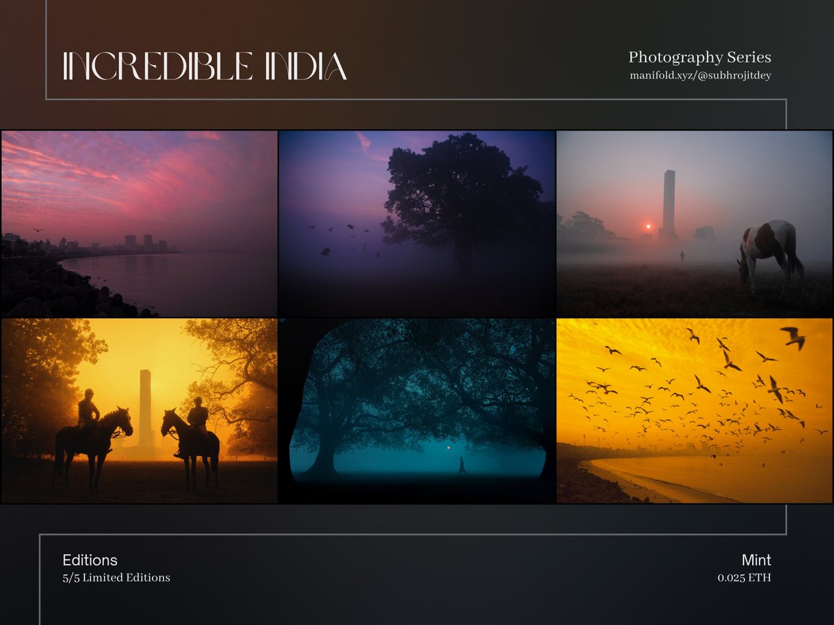 subhrojitdeyFWD's tweet image. Namaste friends🙏📸 12 years of documenting India, and these 6 frames hold everything I've tried to say with my camera.

"INCREDIBLE INDIA" my first major NFT photography series on the mainnet. Thank you for being part of this journey. 

manifold.xyz/@subhrojitdey
5 editions each…