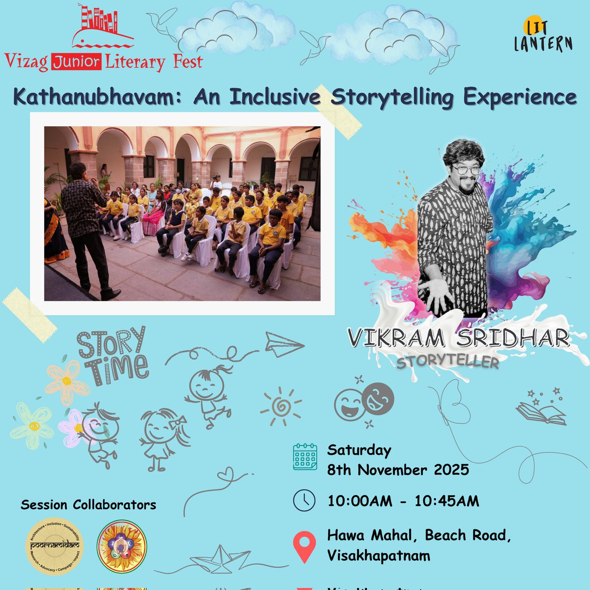 📚We’re excited to share that “కథానుభవం – Kathanubhavam: An Inclusive Storytelling Experience,” a specially curated collaborative session, is happening at the Vizag Junior Literary Fest this year✨
🗓️: Saturday, 8th November, 2025
🕙: 10:00AM – 10:45AM
📍: Hawa Mahal, Beach Rd.🧵