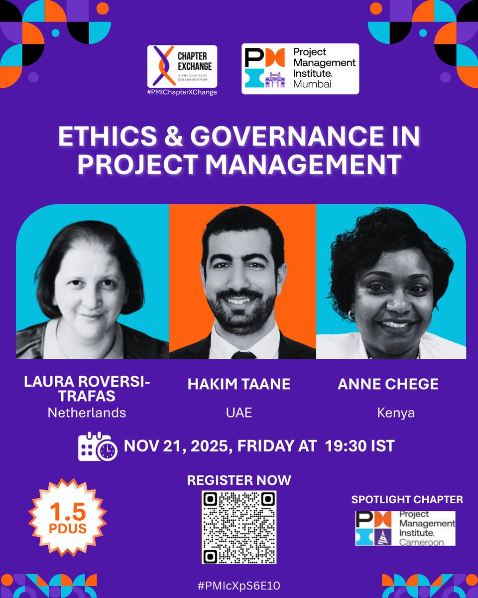 PMIMC's tweet image. Meet our Speakers &amp;amp; Panelists for #PMIchapterXchange Season 6 | Event 10!
📅 Nov 21, 2025 | 🕢 19:30 IST
🎯 Topic: Ethics and Governance in Project Management
🌐 Register now: lnkd.in/dsenZjxg
#thexchangeeffect #ProjectManagement