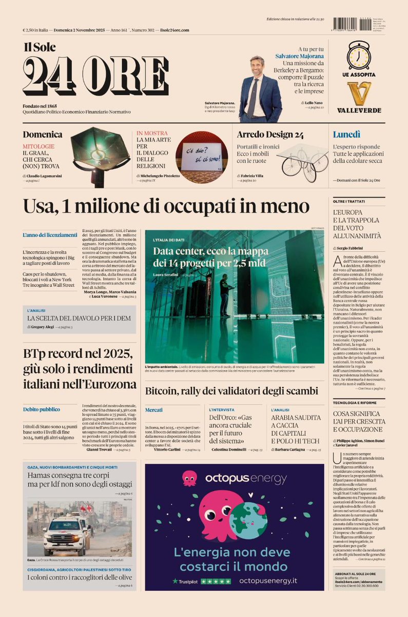 Sulla prima pagina del #Sole24Ore di oggi, domenica #2novembre: #Usa, 1 milione di #occupati in meno. #Datacenter, ecco la mappa dei 14 progetti per 2,5 mld. #BTp record nel #2025, giù solo i rendimenti italiani nell’#Eurozona #buonalettura #primapagina