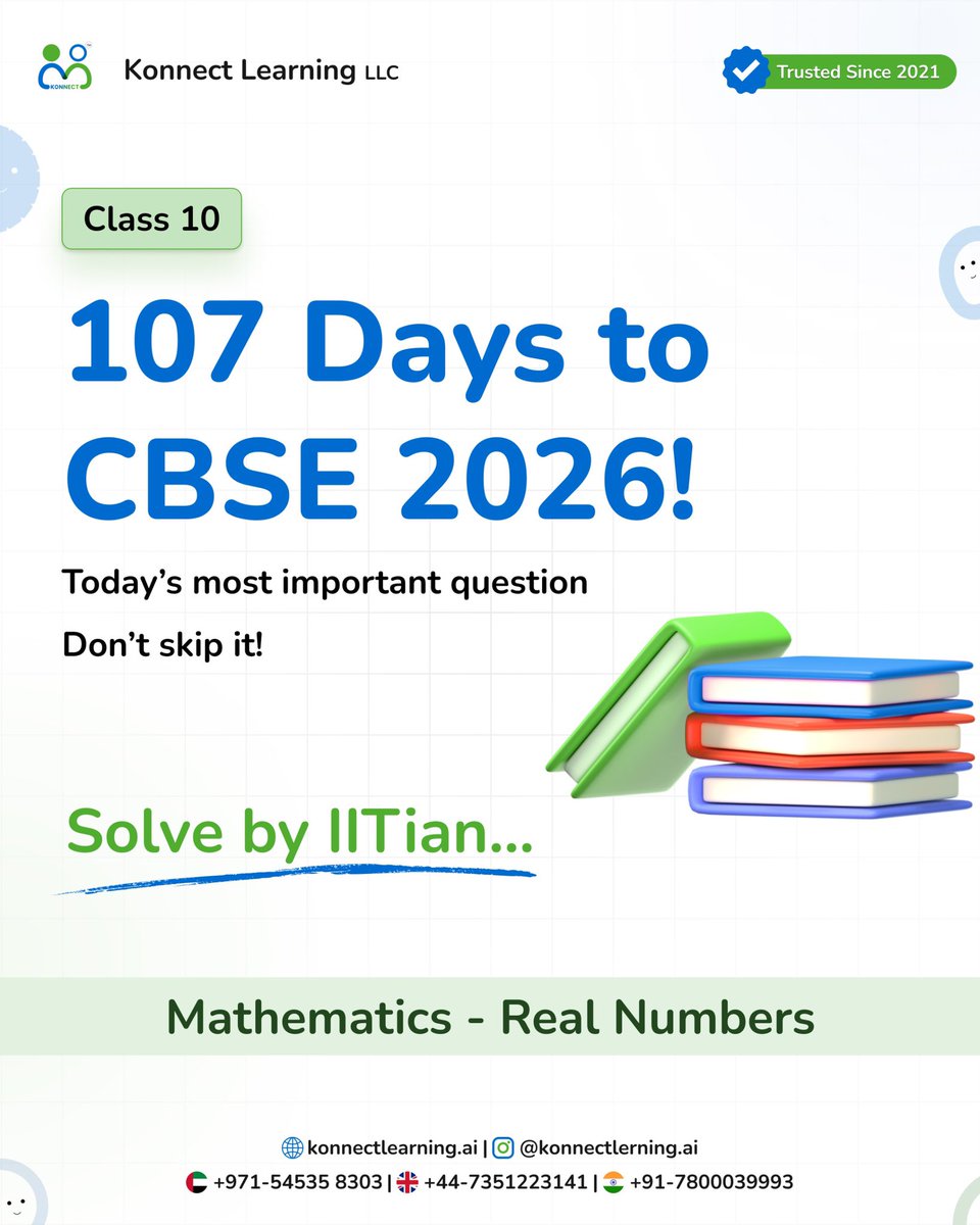 konnectlearnai's tweet image. 🚨 Class 10 Students! Don’t Skip This! 🚨
107 Days to CBSE 2026 📚
Today’s Most Important Question — Solved by IITian 🔥

#CBSE2026 #Class10Maths #KonnectLearning #StudyTips #DailyPractice #Mathematics #ViralReel2025 #elearning