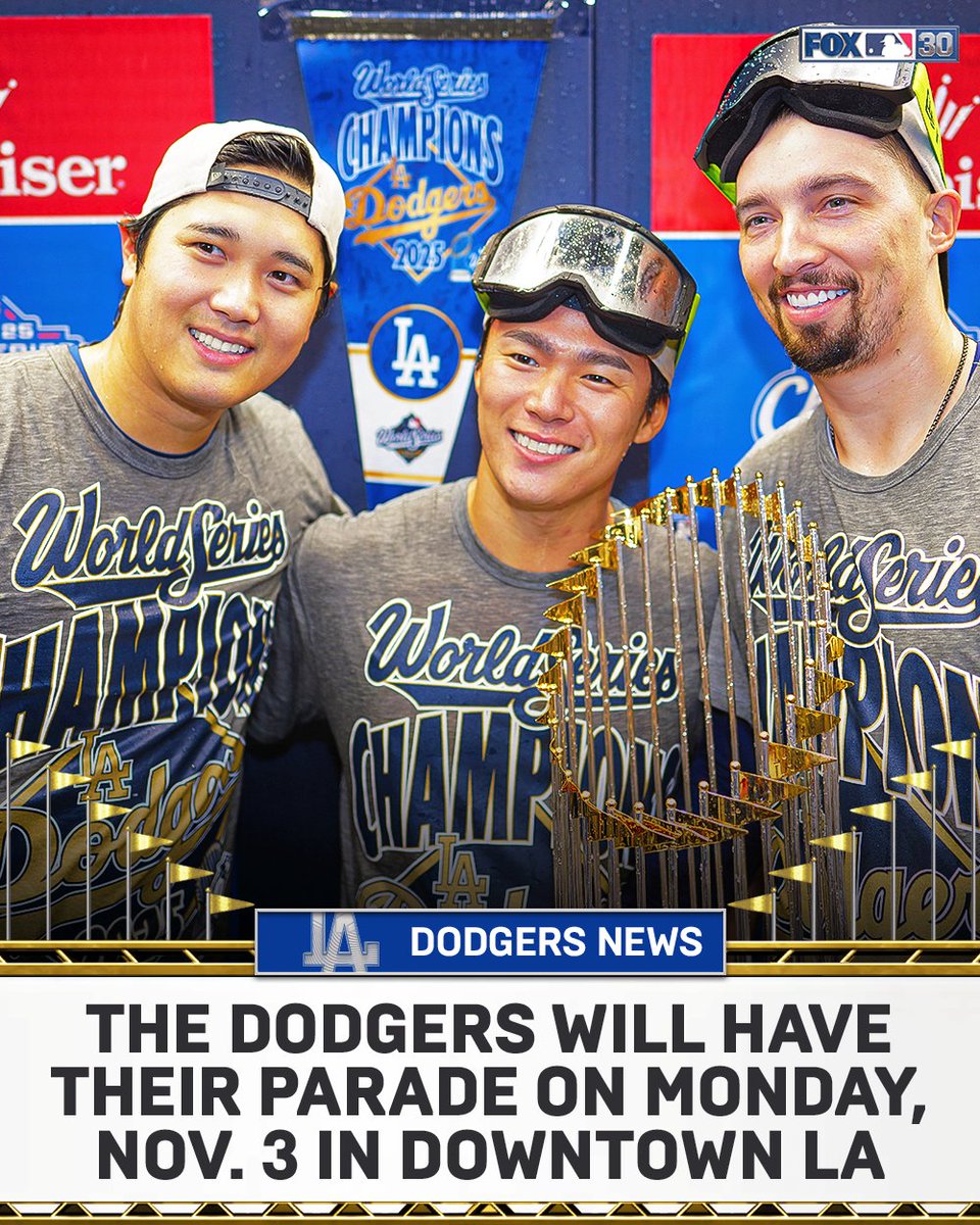 MLBONFOX's tweet photo. The Dodgers announced that they will commemorate their 2025 World Series title with a parade on Monday, November 3rd 🌴🏆 https://t.co/804FoTR473