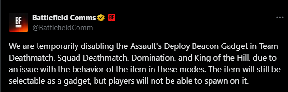 EndersFPS's tweet photo. DISABLE THE SLEDGE HAMMER UNTIL DRONE BUG IS FIXED

DICE has temp disabled the deploy beacon, I see NO reason why they cant do the same with the sledge https://t.co/zsFL9IYomc