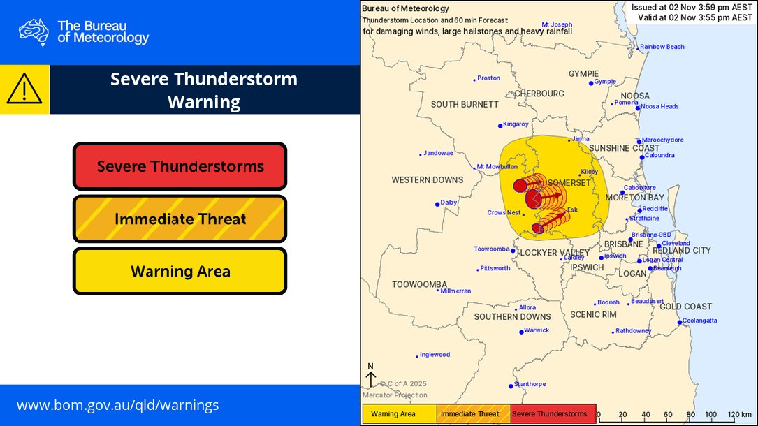 Here are the latest updates to the Severe Thunderstorm Warnings in Queensland including the detailed storm warnings for inland parts of the south-east, north of Toowoomba, including around Esk. 

Details: bom.gov.au/warning/severe…