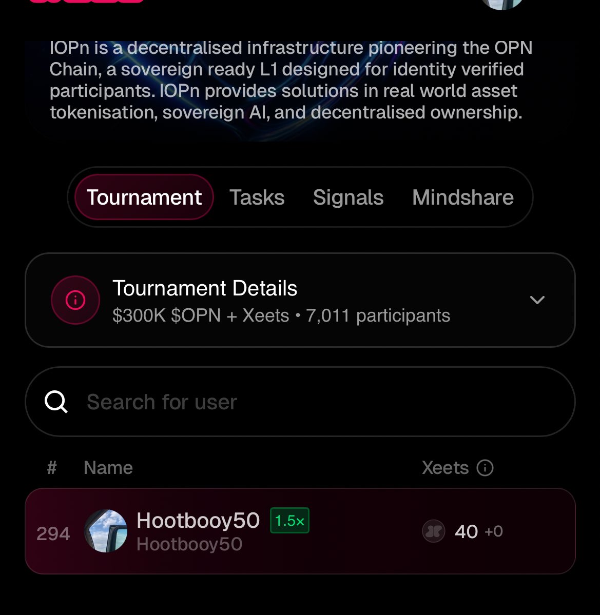 OPN boosters for Genesis NFT claimers are now on Xeeters.

As announced on Xeet, hold the IOPn badge for 1.5x boost and 25 points.

Check the <a href="/IOPn_io/">IOPn</a> tournament on <a href="/xeetdotai/">xeet</a>.

IOPn pioneers the OPN Chain, a sovereign-ready L1 for identity-verified users.

<a href="/Artery_Chain/">Artery Chain</a> <a href="/0xVDEX/">VDEX</a>