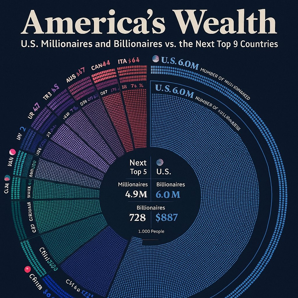 kevinbratch's tweet image. America&apos;s wealth dominance

Did you know the U.S. has more millionaires and billionaires than the next 9 countries combined? 🌍 Dive into these staggering numbers and see how wealth is distributed globally. 

#WealthDistribution #GlobalEconomy #DataVisualization