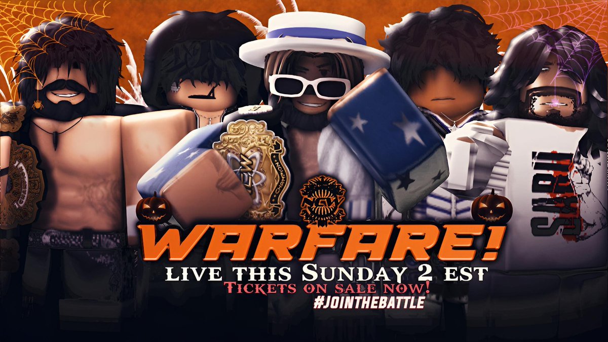 NCW WARFARE HALLOWEEN EPISODE DOORS OPENING 2:00 PM EST 🎃🕸️

NCW CHAMPION KED DARREN IN ACTION 

SIAH FUSION AND JSC TAKE ON EUROPEAN CHAMPION SABEN FUSION AND EXILED JASON 

USC N1C ON THE LINE 

NGC N1C ON THE LINE 

NABU AND NCW HC  JAYDEN STRIKER FACE TO FACE

AND MUCH MORE