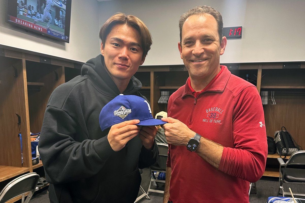 baseballhall's tweet photo. Yoshinobu Yamamoto became the first pitcher to win three games in a single #WorldSeries since Hall of Famer Randy Johnson did it in 2001.

The Series MVP's Game 7 cap is heading to Cooperstown. https://t.co/9GPOD6rGni