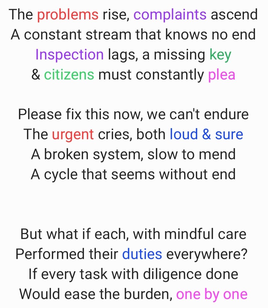 tsCTzen's tweet image. The #problems rise, #complaints ascend
A constant stream that knows no end
#Inspection lags, a missing key
& citizens must constantly plea
Please fix this now, we can't endure
The urgent cries, both loud & sure
A broken system, slow to mend
A cycle that seems without end
#duty