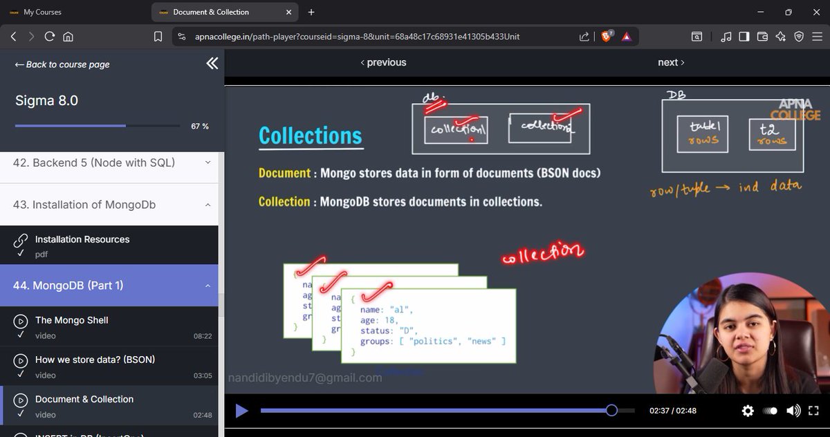 dibyendu2005's tweet image. Day 59 of #100DaysOfCode 🚀
Jumped into MongoDB today — NoSQL world unlocked! 🗝️
Learned:
📦 Installed MongoDB
💻 Mongo Shell basics
🧠 How data is stored in Mongo
📁 Documents vs Collections
Feels exciting to move from SQL tables to JSON-style docs 🔥
#MongoDB #Backend #WebDev