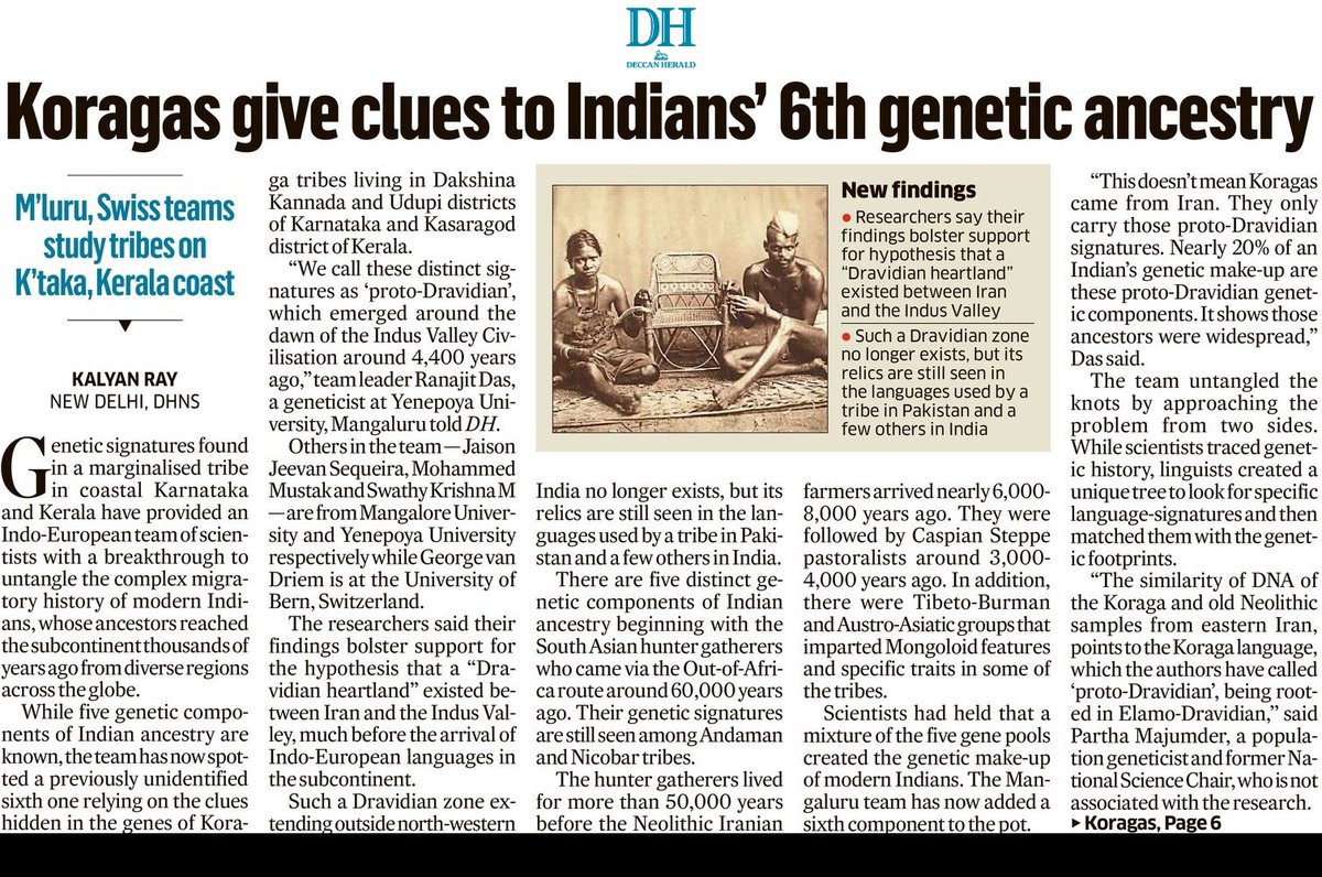 kalyanray30's tweet image. Genetic signatures in #Koraga tribes in Karnataka &amp;amp; Kerala tell the story of India's sixth #genetic ancestry

Fresh insights into the migratory history of Indians, as per the study led by researchers at #Mangalore 

@DeccanHerald