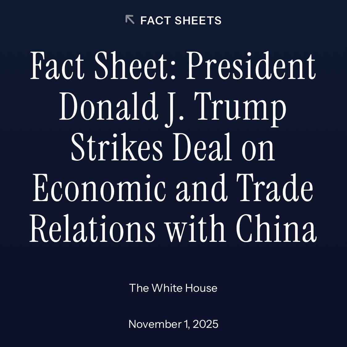 I am pleased to see [in writing] concrete details of the deal struck between the US and China. This should hopefully signal a new period of stability, at least for the next year. Read → whitehouse.gov/fact-sheets/20… 🇺🇸 🇨🇳