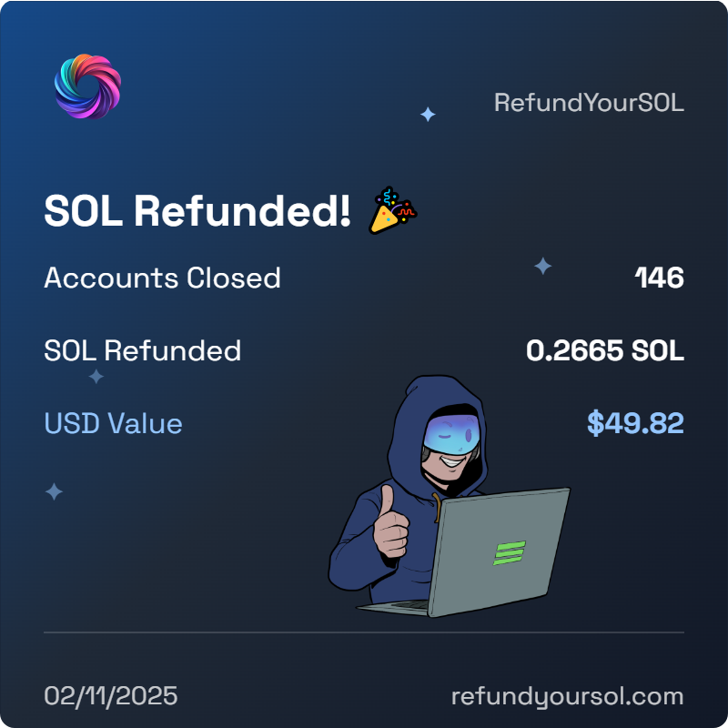 johndexterramo2's tweet image. You&apos;re missing out...
I just got 0.2665 SOL ($49.82) refunded! 💸

It took 15 seconds. Now my #solana wallet’s cleaner *and* richer — shoutout to @RefundYourSOL 💜

Go grab yours: refundyoursol.com/52037CABCAD693…