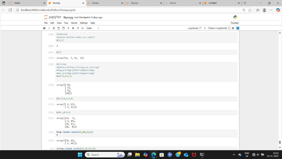 Sonali_Gupta070's tweet image. Day 23
🔹Today I learned how to create random number arrays, concatenate arrays, and perform horizontal & vertical stacking in NumPy.Also got introduced to the Pandas library — excited to explore data manipulation! 🐼💻
#100DaysOfCode
#zigbee
