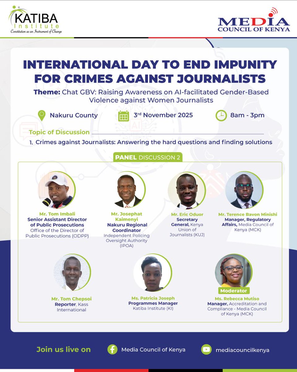 Join discussions that will go beyond the headlines to delve deeply into the dangers faced by journalists in the line of duty.

#IDEI2025KE 
#EndImpunity 
#MediaFreedom 
#StopGBV
 #WomenInMedia
 #AIandMedia