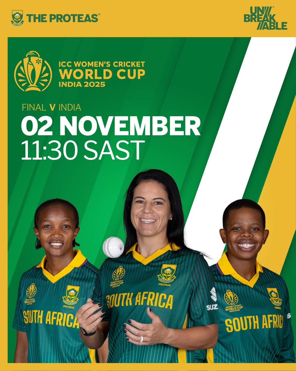 VDP_24's tweet photo. Today’s the day! @ProteasWomenCSA face India in the final today. Both teams are chasing their first-ever Cricket World Cup title🏆 History will be made today
We’re standing firmly behind the Proteas, bring it home ladies! 💚💛
#ICCWomensWorldCup2025 #ProteasWomen #SaVsind https://t.co/VNj8ctf5H6