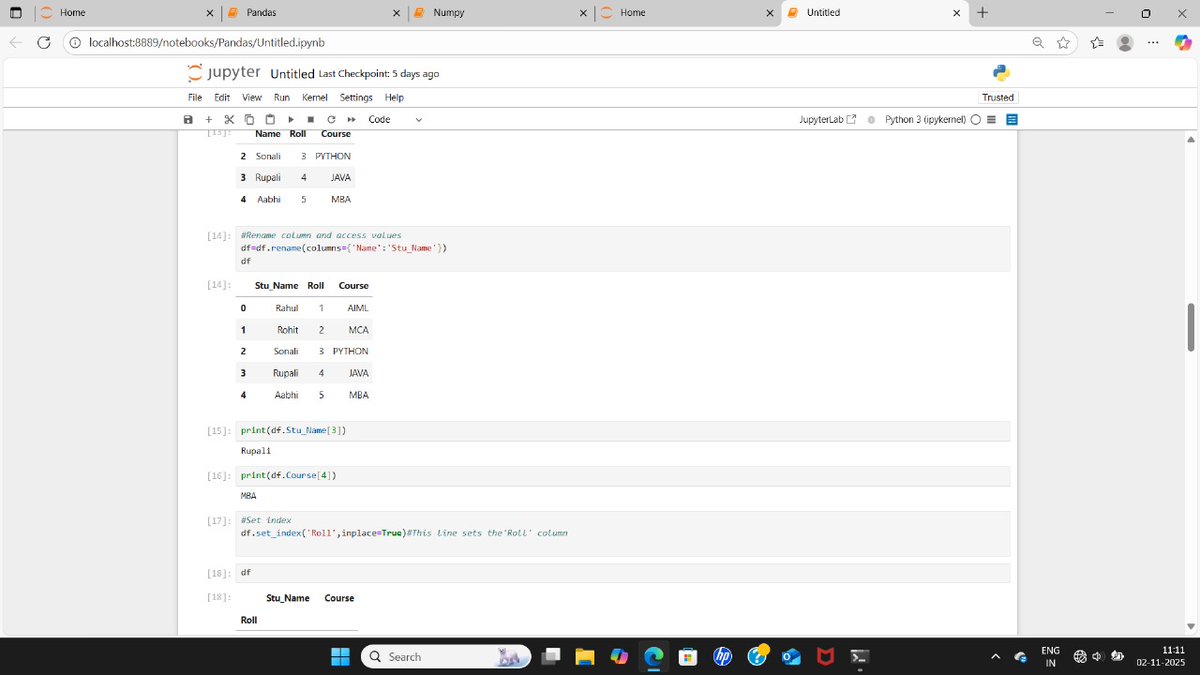 Sonali_Gupta070's tweet image. Day 24
🔹Learned some basics of the Pandas library .
🔹Created Series from tuples & dictionaries, built a DataFrame from a dictionary, and explored it using built-in functions like head() and tail().
#100DaysOfCode #Python #Pandas #Zigbee