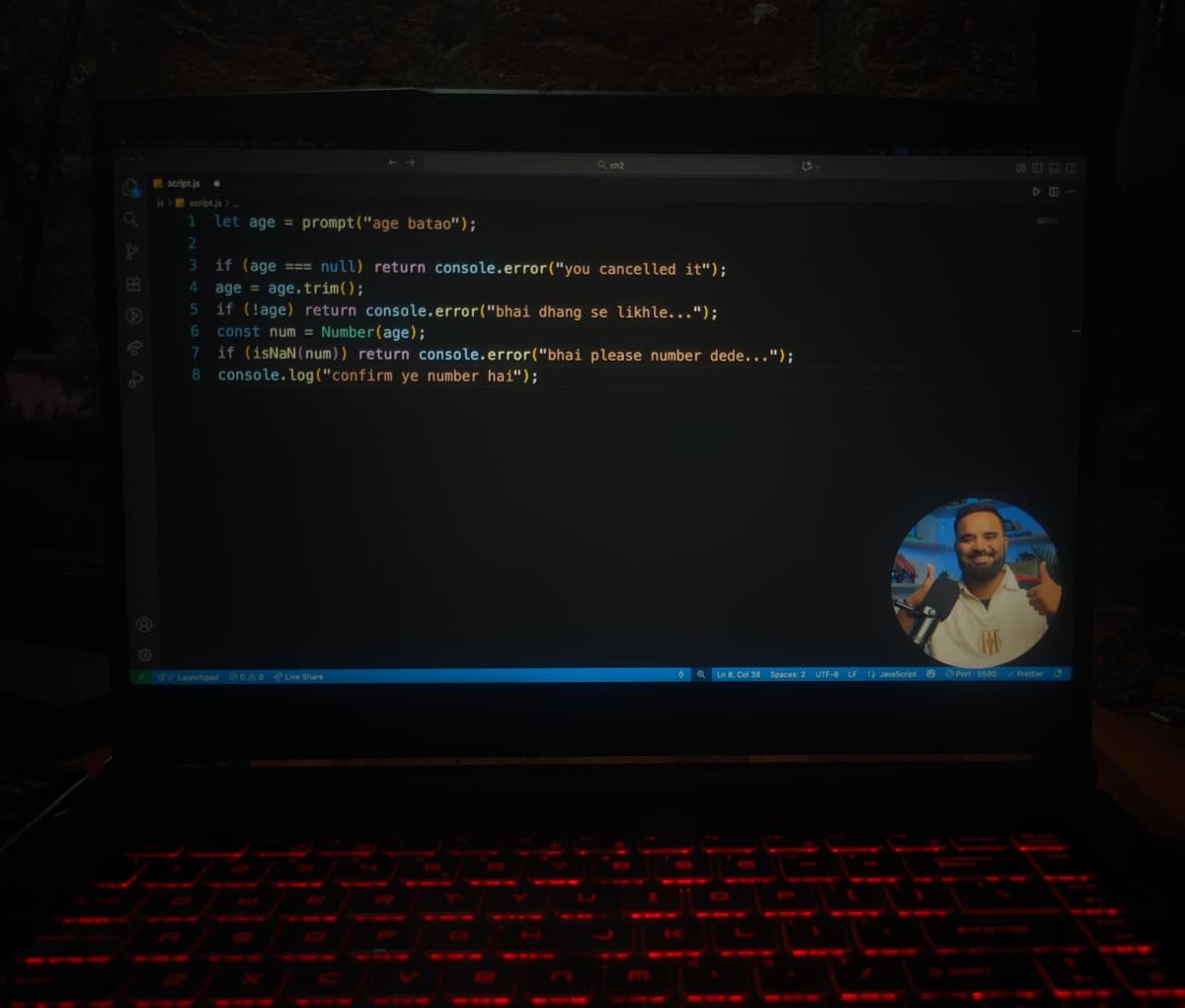 adity_kbr's tweet image. Day 33 — JS Loops & Condition Practice 🚀
🟢 1 → 10 print
🔁 Reverse loop (10 → 1)
2️⃣ Print even numbers
📣 Print “YES” × 5
➕/+ Check positive or negative
🗳️ Check voting eligibility
✖️ Table of 5
⚠️ Edge case handling w/ if-else
Reps = Mastery 💯
#JavaScript #100DaysOfCode