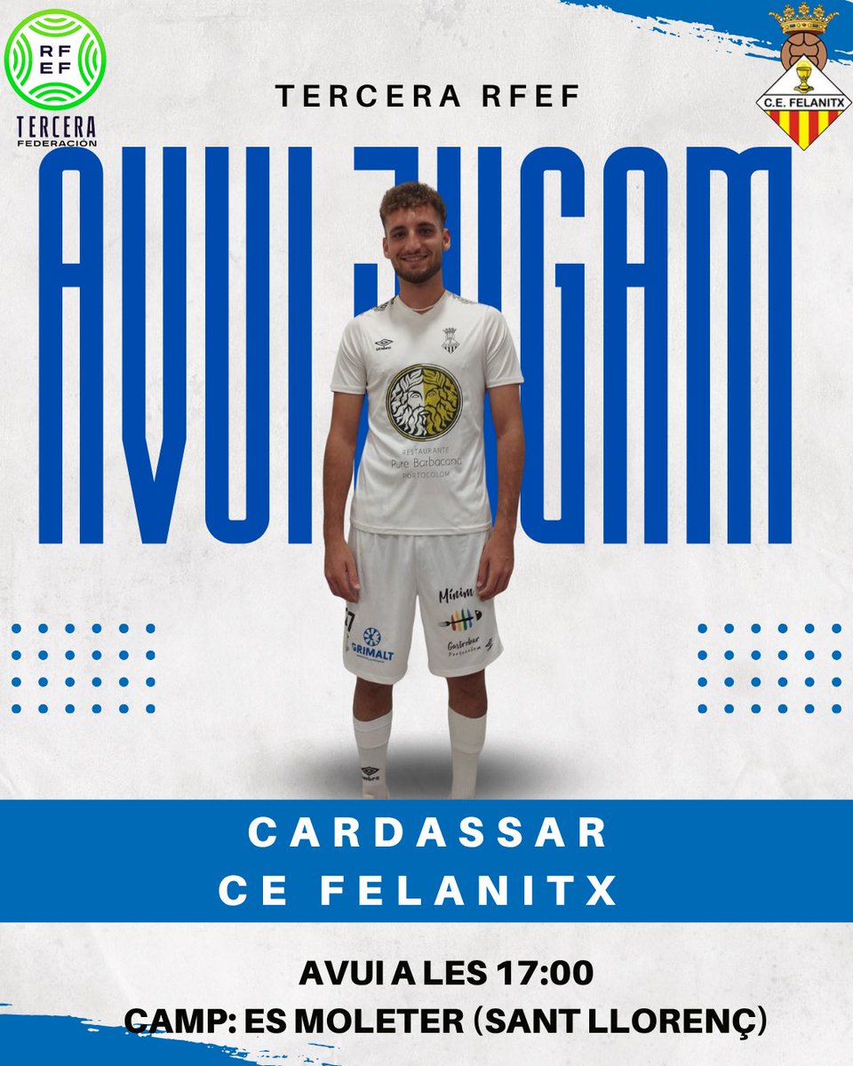 cefelanitx's tweet image. 𝗔𝗩𝗨𝗜 𝗝𝗨𝗚𝗔𝗠! 

👉 Jornada 9 - Tercera RFEF 

🆚 @cardassar  ⏰ 17:00 

🏟️ Es Moleter (Sant Llorenç) 

💥 Partit important on volem sumar de 3. 

🗣️ Vamos Fela! 

#orgullfelanitxer #vamosfela #felanitxsomtots