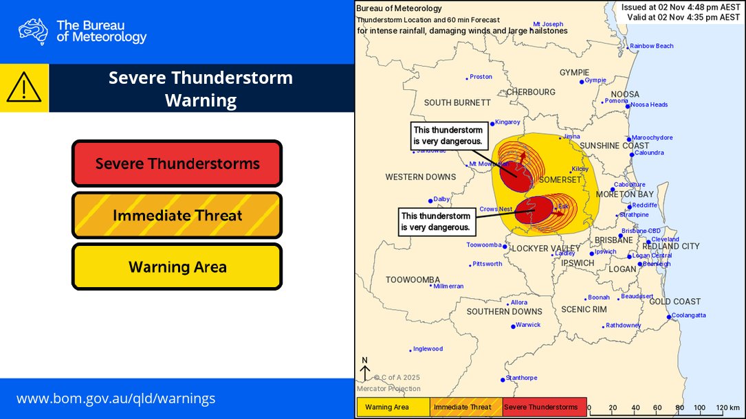 Intense rainfall now possible with very dangerous thunderstorms about areas from Esk to Nanango, in addition to damaging wind gusts and large hail.

Details: bom.gov.au/warning/severe…