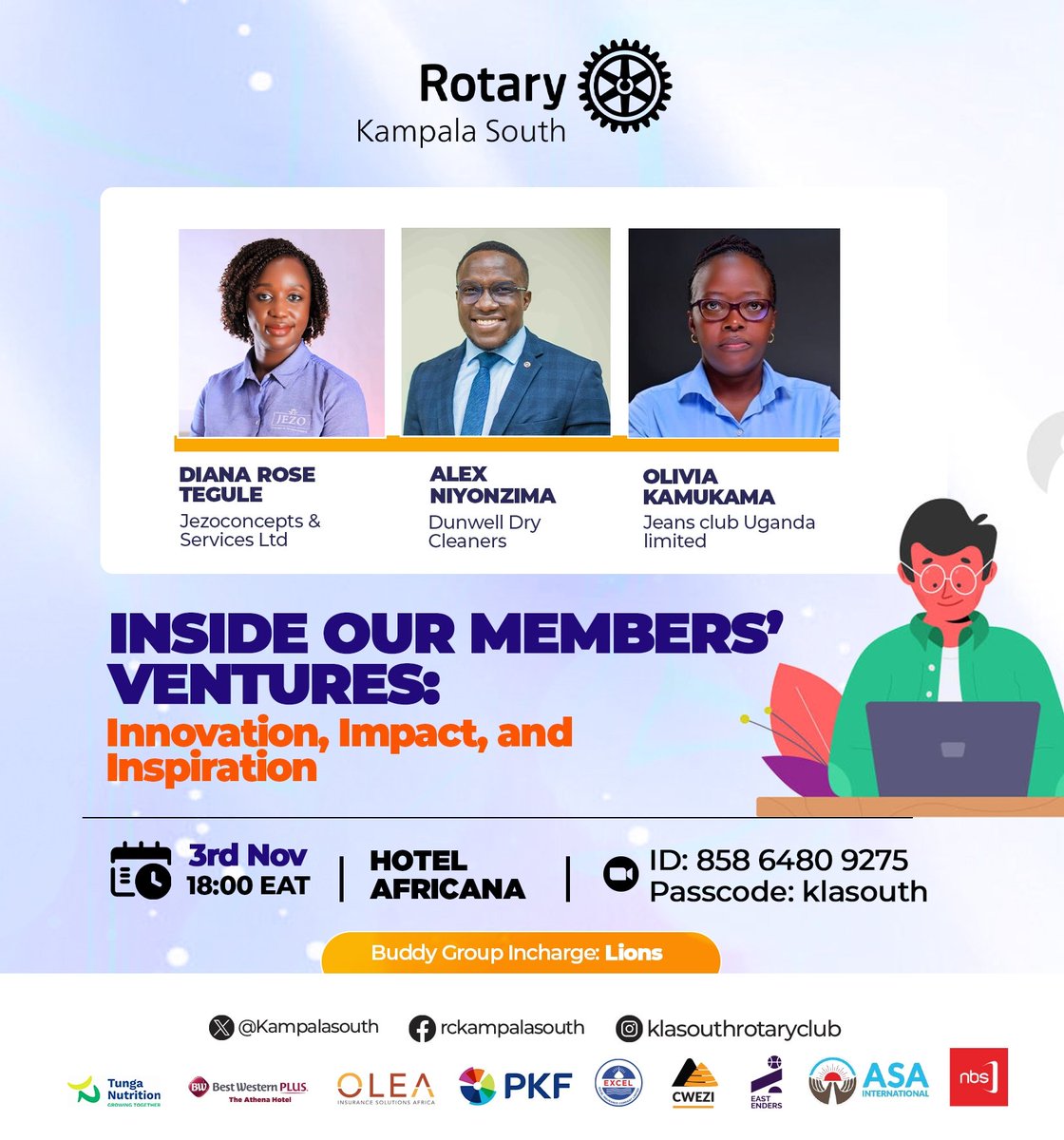 🤝 Rotary is not just about service — it’s also about sharing our stories and inspiring others! 🌍
Join us for Inside Our Members’ Ventures: Innovation, Impact &amp; Inspiration — a session that brings together brilliance, business, and brotherhood.

📍 Hotel Africana | 🕕 3rd Nov,