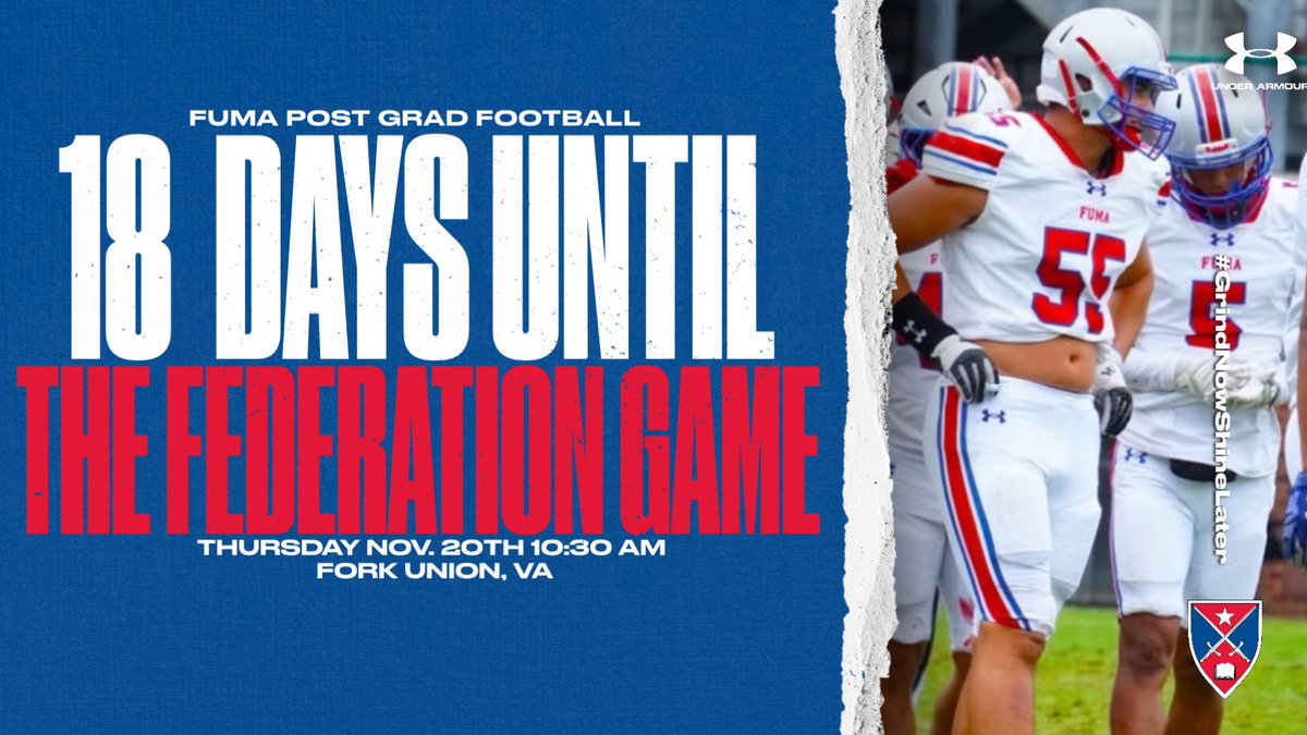Only 1️⃣8️⃣ days until the <a href="/FUMAPGFootball/">Fork Union Military Academy Post Grad Football</a> Federation Game at <a href="/forkunion/">Fork Union Military Academy</a>! 🏈

#GrindNowShineLater 💪
#BodyMindSpirit 🙌