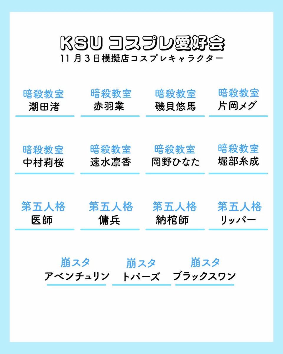 KSUCOSPLAY's tweet photo. いよいよ香椎祭最終日！
明日の模擬店に居るコスプレキャラ一覧です🦢気になるキャラがいたら是非当日探してみてください🔍️🩵
パフォーマンスも2号館前ステージ、11時〜開催予定です！お待ちしております☁️ https://t.co/wOQfxGa42o