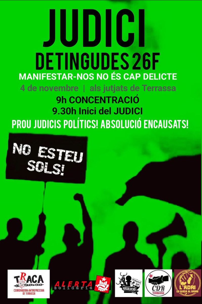 👥 Als carrers i places del centre de Terrassa es va cridar per la llibertat dels <a href="/detinguts26fTRS/">Detingudes 26F Terrassa</a> !!!

➡️ Dimarts, 4 de novembre, serem al seu costat en el dia del judici.

🟢 MANIFESTAR-SE NO ÉS CAP DELICTE!