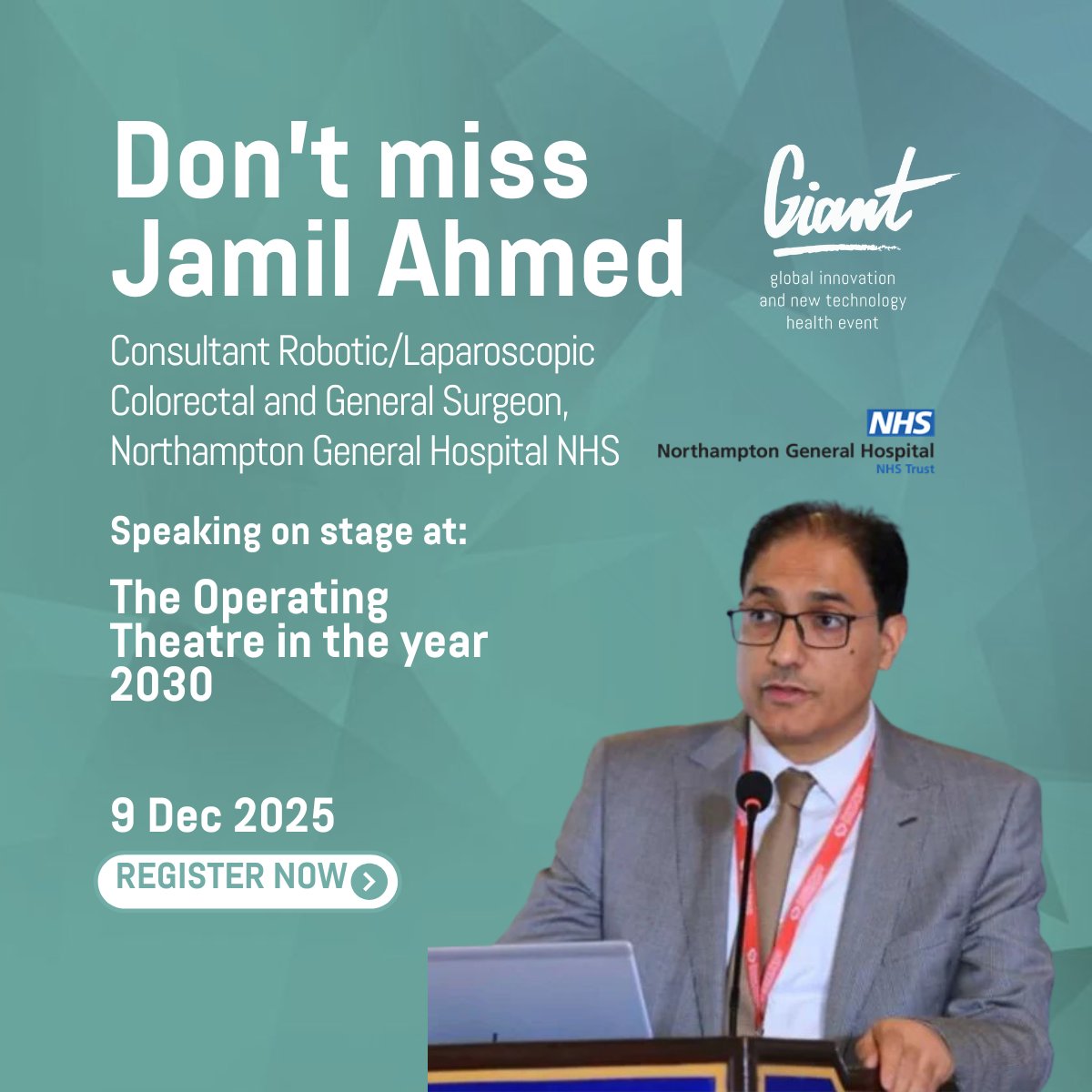 What does successful #robotic #surgery actually look like at scale?
Join us at The Operating Theatre in the year 2030 at #GIANT2025
Meet Jamil Ahmed,Consultant Colorectal Surgeon <a href="/NGHnhstrust/">Northampton General Hospital 💙</a> exploring surgical transformation across the #NHS
📅9 Dec🕥12h
🎫bit.ly/3VU2PFD