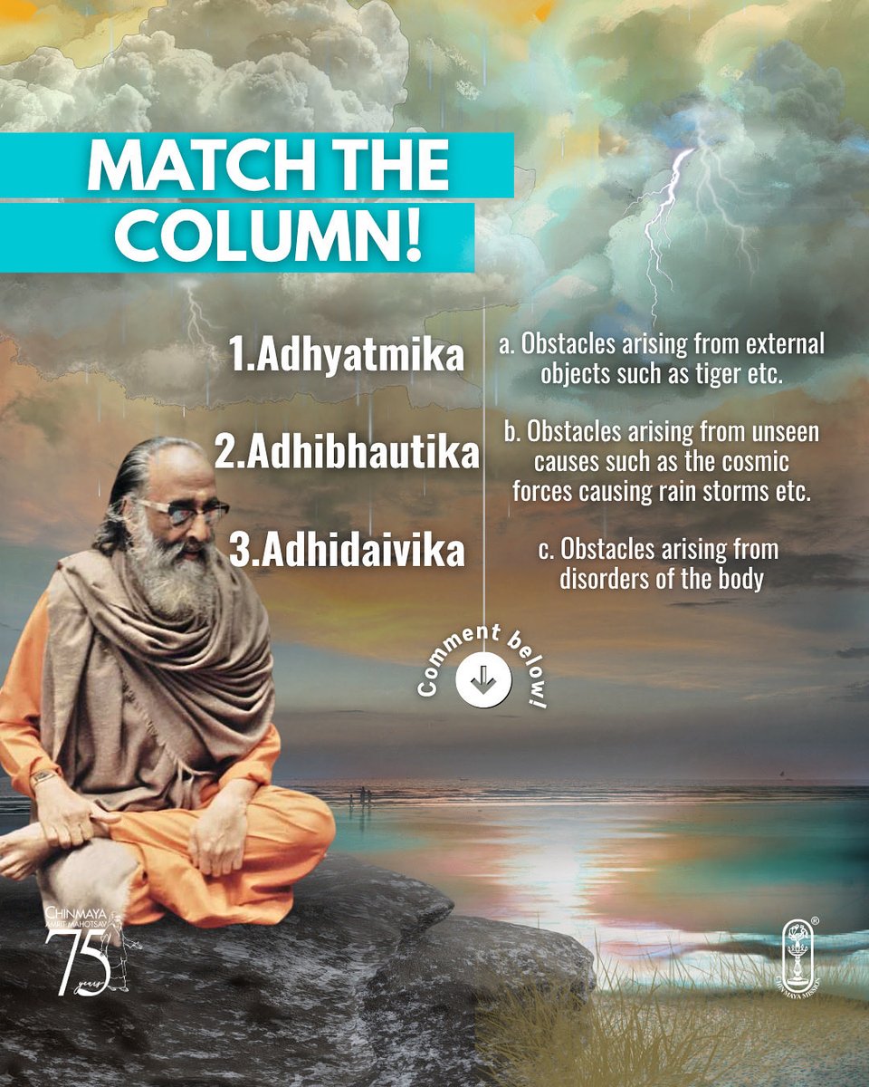 Chinmayananda's tweet image. Match the column!

#quizoftheday #quizinstagram #quizgame #quiznight #didyouknowthat #adhyatm #adhyatma #spiritualwisdom #obstacles #spiritualfacts #doyouknow #didyouknowdaily #didyouknowfact #chinmayamission #swamichinmayananda #adhyatmik #karmayoga #karm #ekadashi