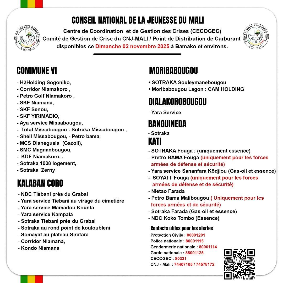 Malijetactu's tweet image. La liste actualisée des #stations de distribution de #carburant ouvertes à #Bamako et dans les localités voisines, ce Dimanche 02 novembre 2025.