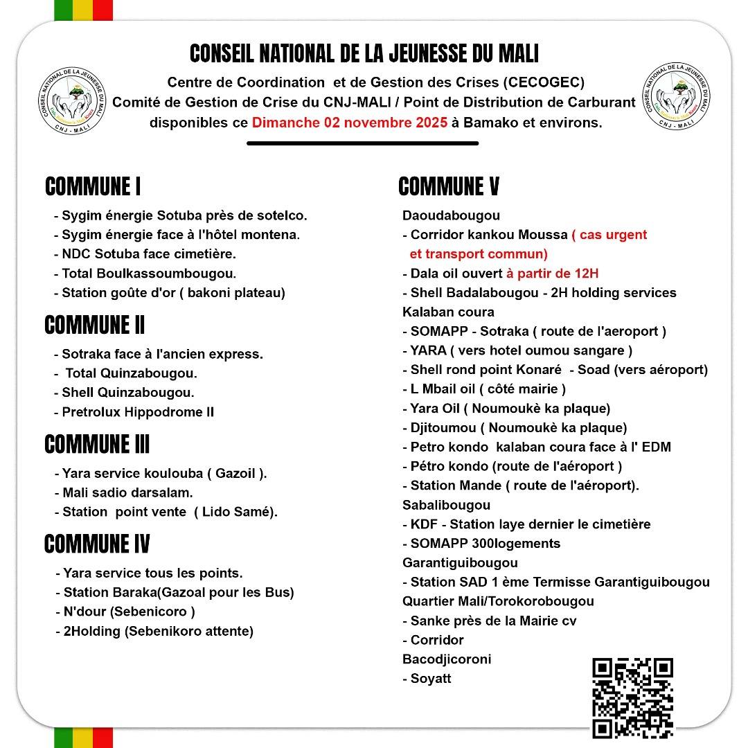 Malijetactu's tweet image. La liste actualisée des #stations de distribution de #carburant ouvertes à #Bamako et dans les localités voisines, ce Dimanche 02 novembre 2025.