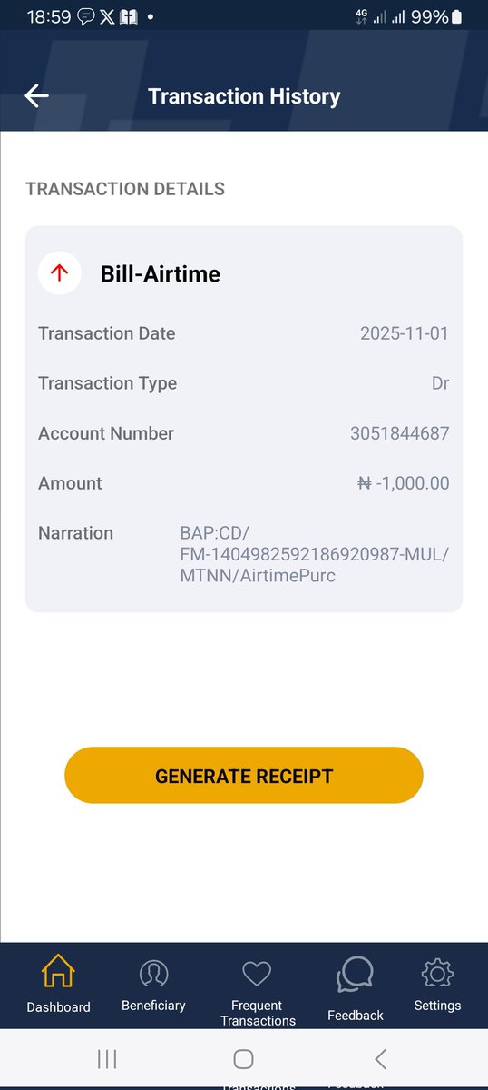 JosefIkyoive's tweet photo. @FirstBankngr Good day, I did a transaction from my App yesterday to purchase 1000 Naira MTN airtime. I was debited, but I didn't receive the airtime. I did another transaction of 400 Naira, I still didn't receive the airtime.  Find attached below the receipts. Please kindly act. https://t.co/1beUMi1VCh